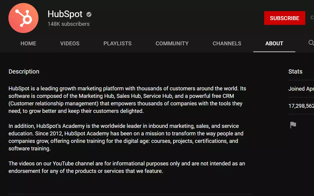 YouTube Channel description in about section